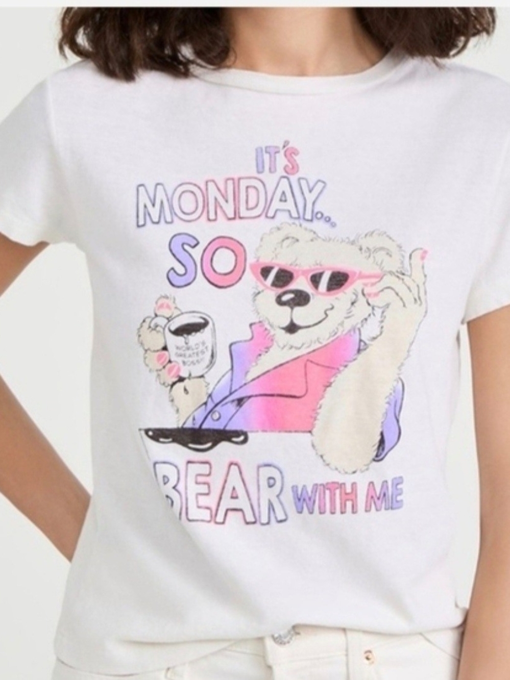 Re/Done White Graphic Tee with Pastel Pink & Lavender Bear